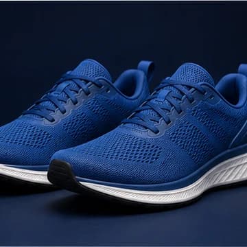 Pair of blue running shoes front angle