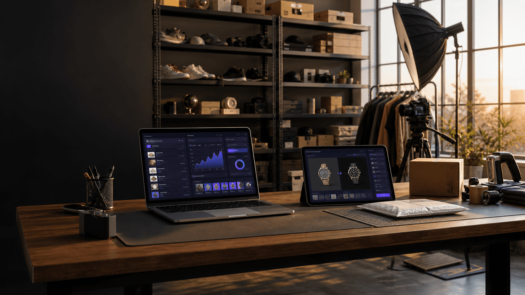 Organized reseller workspace with inventory, camera equipment, shipping supplies, and Metoras-style dashboards